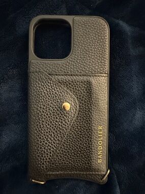 Bandolier Black Leather Card Wallet Phone Case with Gold Accents